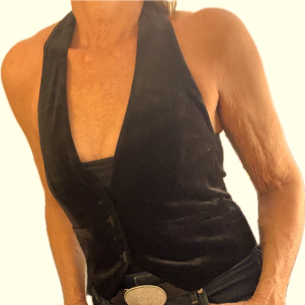 Express velvet halter top, back less e 4 covered buttons NWT SZ s